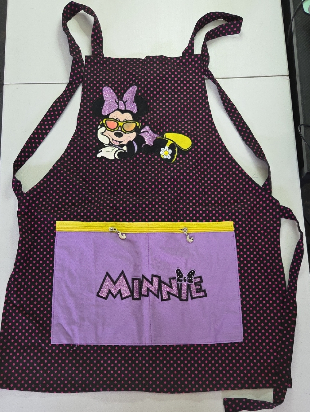 Disney Black Apron with Pink Polka Dots and Purple Pocket